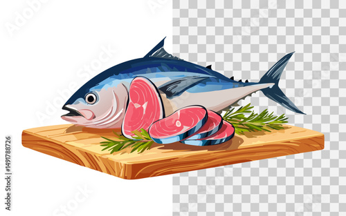 tuna fish pieces on wooden cutting board