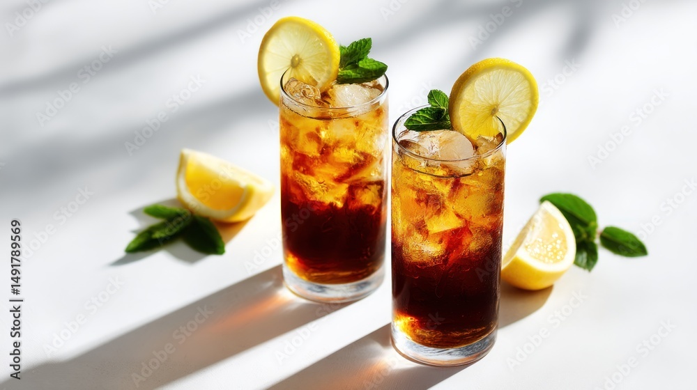 Fototapeta premium Refreshing iced tea drinks garnished with lemon slices and mint