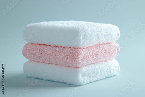 Stack of white and pale pink towels against a light blue background