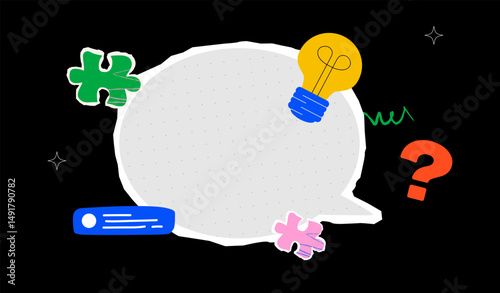 A vibrant cut out collage of a huge textured speech bubble, puzzle pieces, a light bulb, doodles and a question mark. A stylized notification or memo design template.