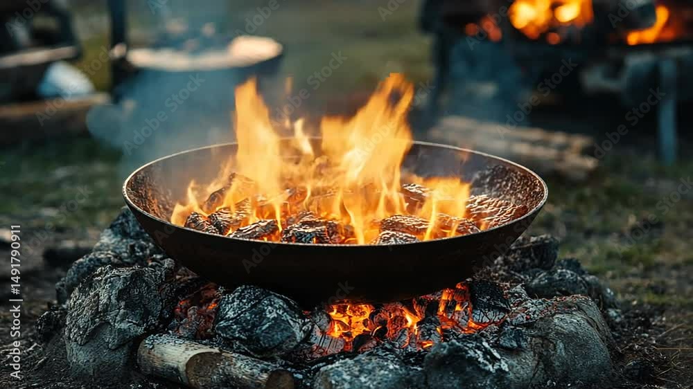 A vibrant campfire in a rustic setting, surrounded by logs and glowing embers at dusk A vibrant campfire in a rustic setting, surrounded by logs and glowing embers at dusk