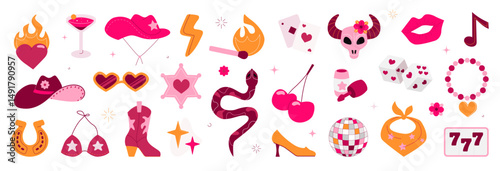 A set of disco cowgirl stickers inspired by the aesthetics of the wild West. Bright vector design elements for a Bachelorette party, wedding ceremony.