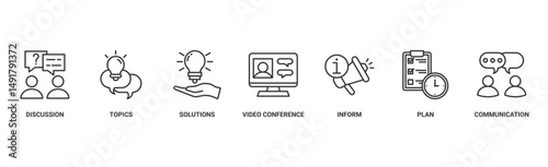 Meeting banner web icon vector illustration for business meeting and discussion with communications, topics, solutions, plan, inform and video conference icon