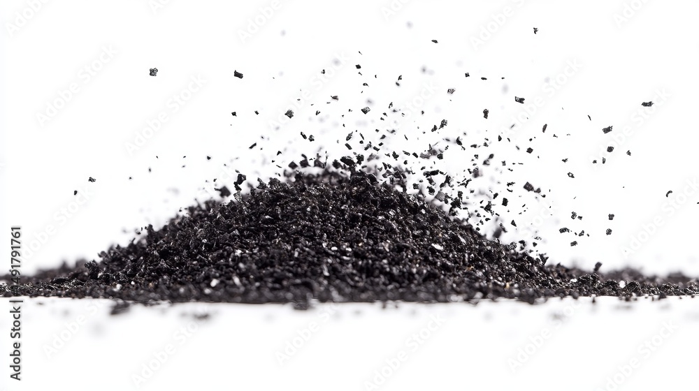 Fototapeta premium Dark powder pile explodes in fine particles on white background