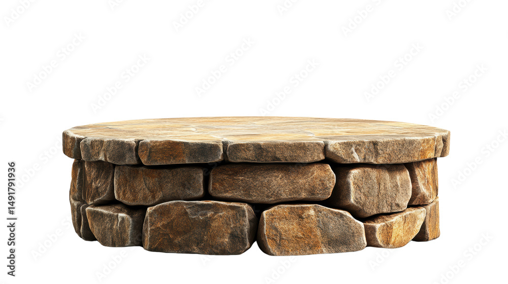 Fototapeta premium A circular stone platform constructed with rugged textured rocks rests isolated against a plain white background.