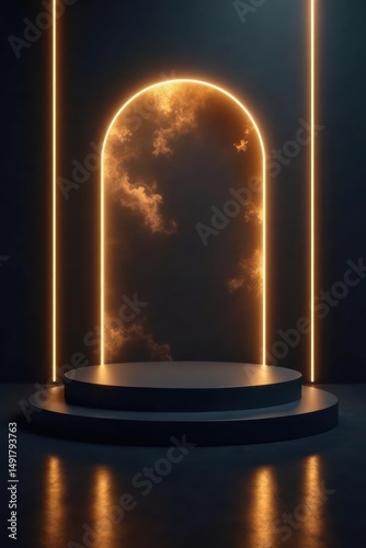 Dark Ambiance A Two-Tiered Platform Illuminated by Warm Neon Lights and Enveloped in Mystic Clouds