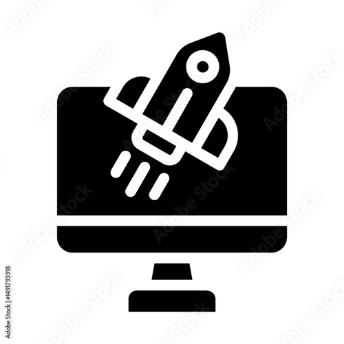 Computer screen with rocket representing project launch