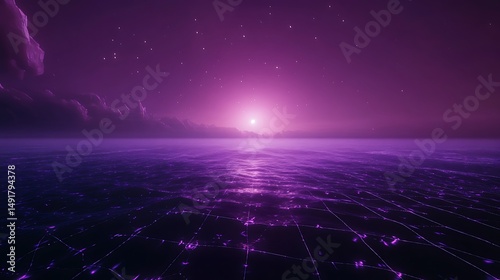 Purple sunset over digital landscape