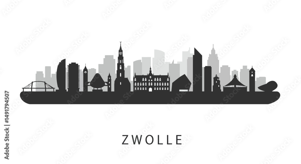 Naklejka premium Zwolle Skyline with Netherlands Cityscape, and Black and White.
