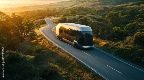 Wallpaper Mural Futuristic bus, sunset highway drive, rural landscape, travel advert Torontodigital.ca