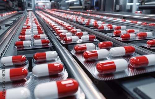 Rows of red and white capsules packaged in blister packs moving on a conveyor belt in a pharmaceutical production line under bright industrial lighting