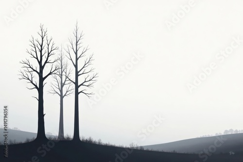 Serene Winter Landscape Three Leafless Trees Stand Tall Against a Misty Horizon, Evoking a Sense of Calm and Solitude