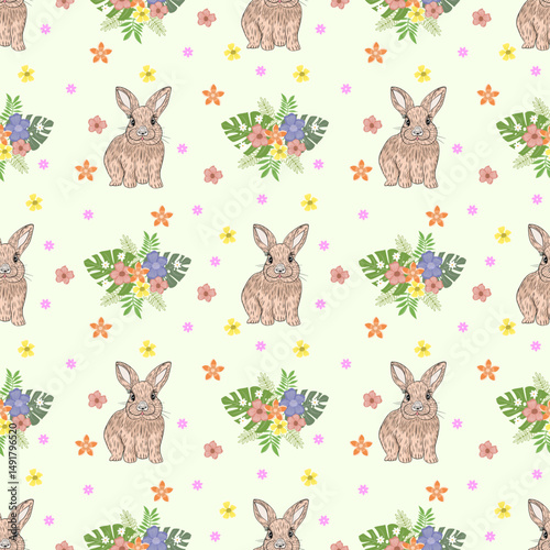 Cute bunny pattern with flowers on light background