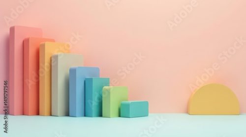 Pastel-colored geometric shapes arranged in a descending pattern against a soft pink backdrop