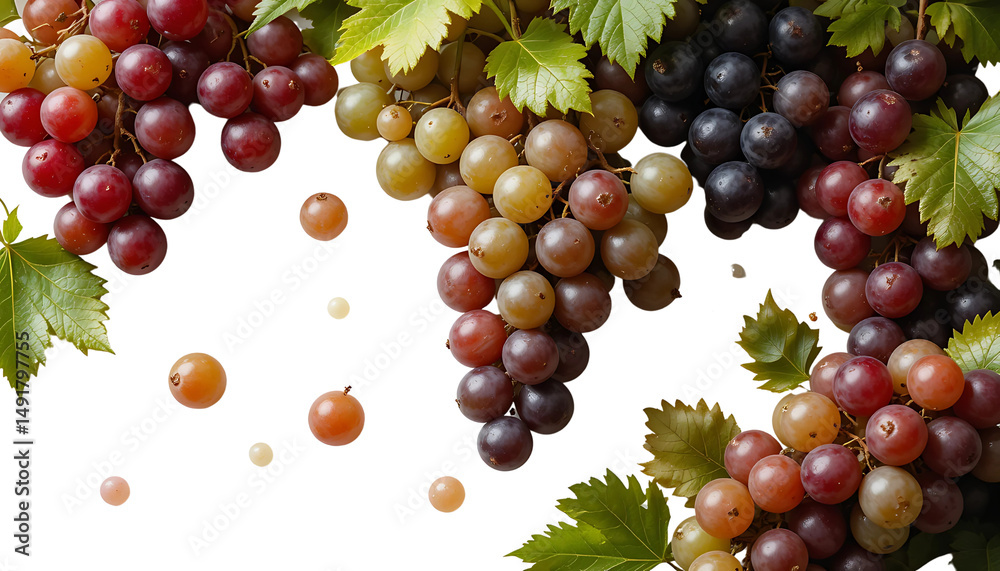 Obraz premium Elegant spread of red, green, and black grapes with textured leaves on a white backdrop, studio lighting, ultra-HD with soft natural shadows.