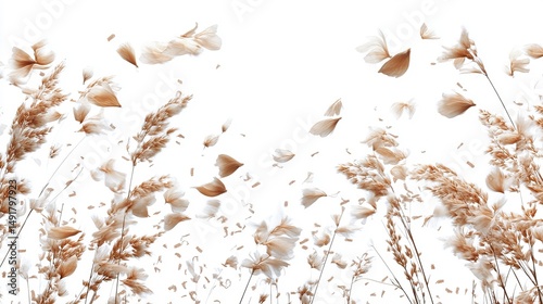 Light tan grasses and petals floating in the wind