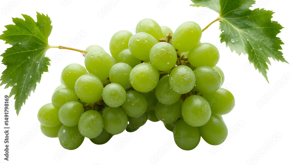 Obraz premium Perfectly ripened bunch of green grapes with dewy leaves, isolated on a white background, ultra-high definition, clean and natural look.