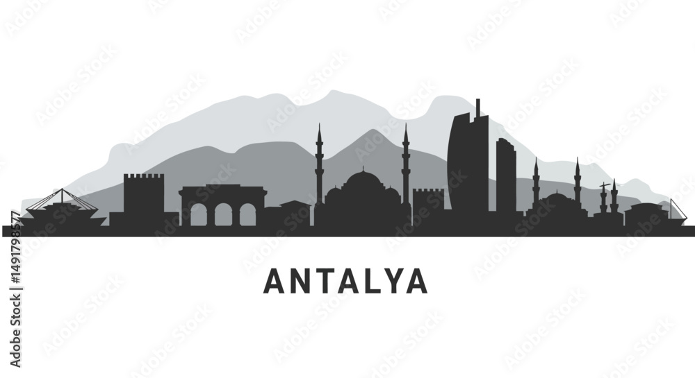 Fototapeta premium Antalya skyline silhouette with Turkey, and city vector.