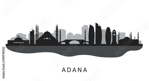 Adana Skyline with Turkey Cityscape Silhouette.