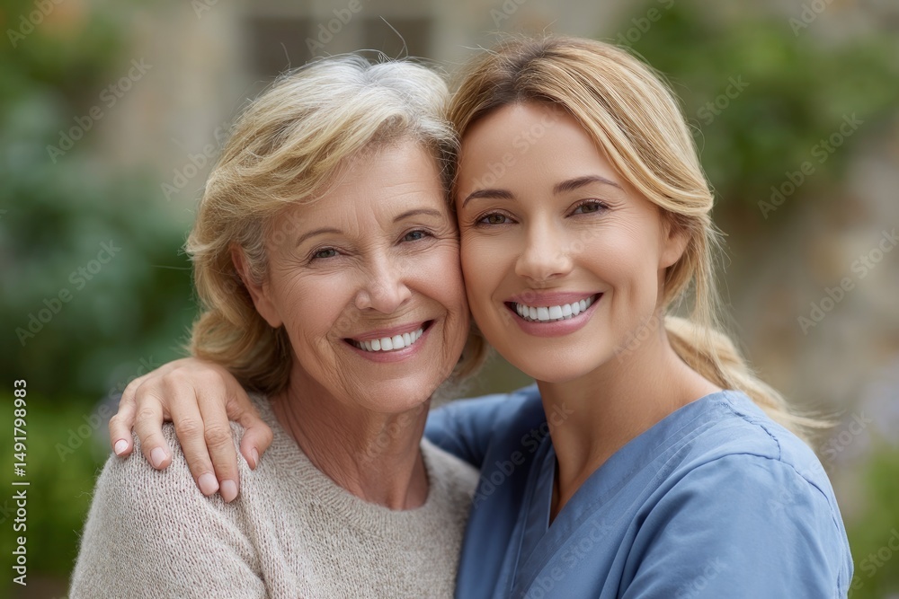 Obraz premium Smiling Senior Woman Embracing Younger Woman Caregiver