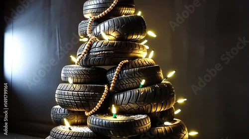 Wallpaper Mural Christmas tree made of car tires and wheels on black background with copy space. Festive new year's video for car and tires business and car service organizations. Torontodigital.ca