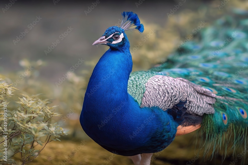 Fototapeta premium Standing Peacock Close-up with Detailed Plumage in Natural Habitat