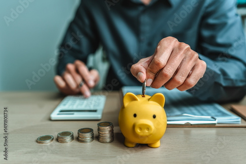 Businessman putting coins saving money with piggy bank and coins on desk. income, deposit, financial planning and investment concept.