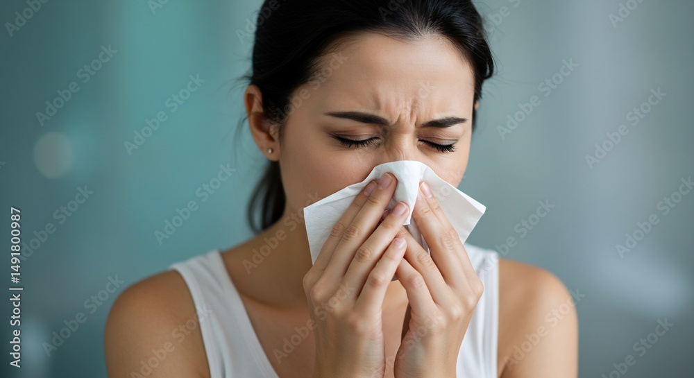 Young Woman Feeling Sick, Blowing Her Nose with a Tissue, Suffering from Cold or Allergy Symptoms Young Woman Feeling Sick, Blowing Her Nose with a Tissue, Suffering from Cold or Allergy Symptoms