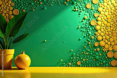 Vibrant Green and Yellow Floral Arrangement with Potted Plant and Decorative Ornament