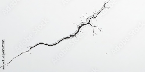 Abstract image of a dark crack resembling a branching river or lightning bolt on a white surface.  A study in contrast and texture.