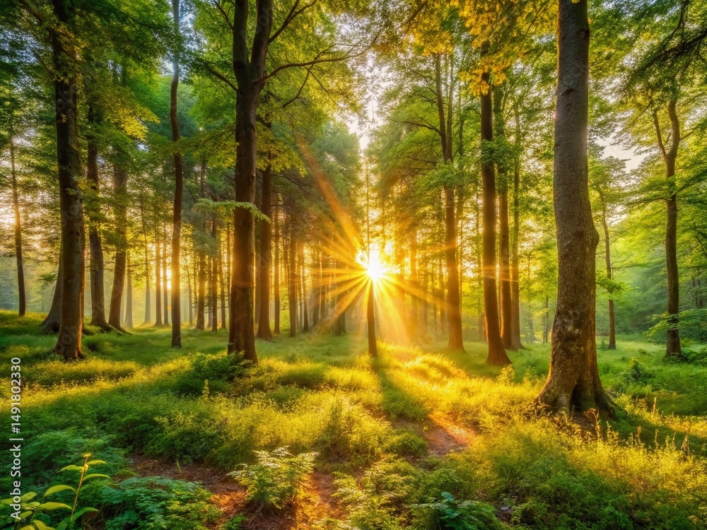 Fototapeta premium Golden Hour Forest Sunrise: Panoramic Summer Landscape Photo