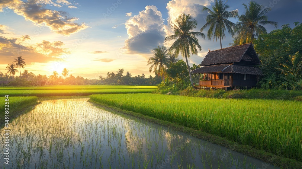 Fototapeta premium Sunset over idyllic rice paddy, tropical hut, waterway
