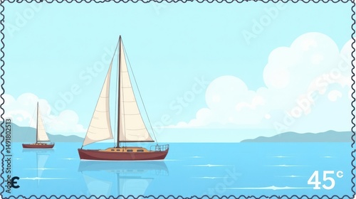 Serene Sailboats on a Calm Ocean Depicted on a Postage Stamp Design Featuring a Gentle Breeze and Distant Hills