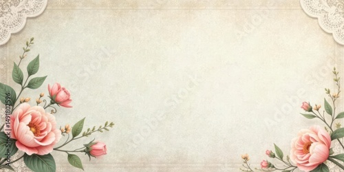 Elegant floral design with delicate lace border on antique paper background, perfect for invitations, announcements, or stationery projects