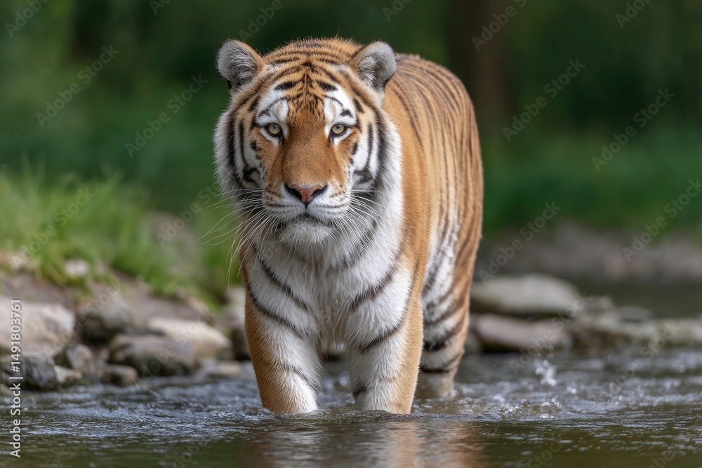 Naklejka premium Tiger Walking Through Shallow Water Stream in Nature