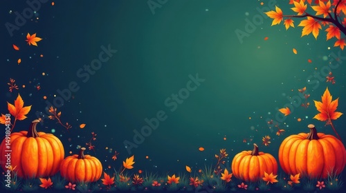 Autumnal Harvest Scene with Pumpkins and Falling Leaves A Festive Background Image