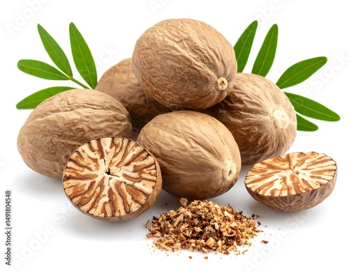 Pile of brown nutmegs with green leaves and ground spices on white background