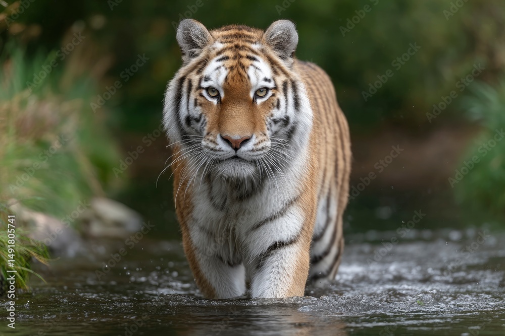 Naklejka premium Tiger Walking Through Shallow Water in Nature