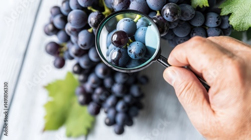 A farmer inspecting grapevines with a magnifying glass, emphasizing attention to detail, with generous copy space