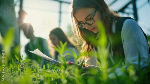 Focused Young Scientist Studying Plants in Greenhouse,  Sunlight Illuminating Her Work,  Teamwork in Agriculture Research