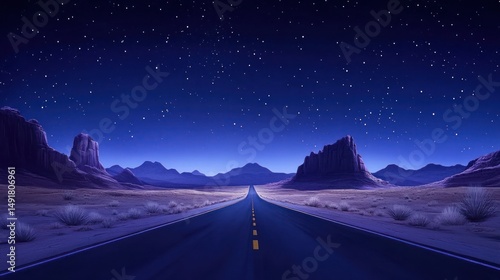 Night desert road under starry sky.