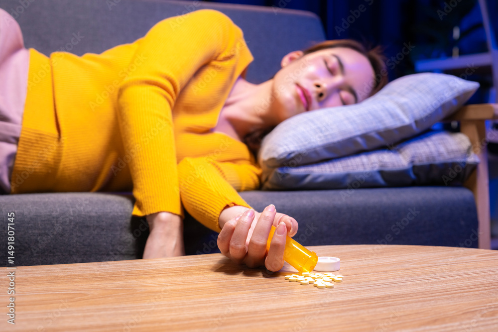 Naklejka premium A woman is laying on a couch with a bottle of pills next to her
