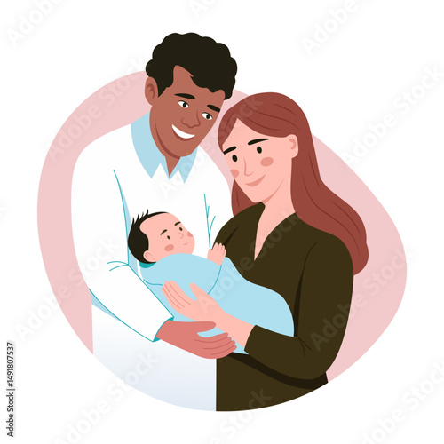 A flat style illustration showing family loving newborn baby