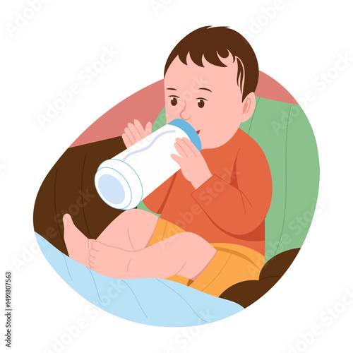 A flat style illustration showing baby drinking milk