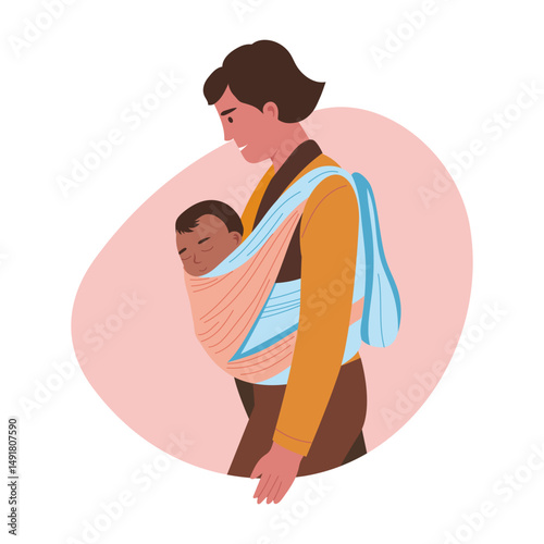 A flat style illustration of mother babywearing