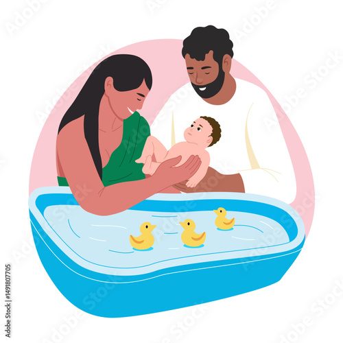 A flat style illustration showing baby bath