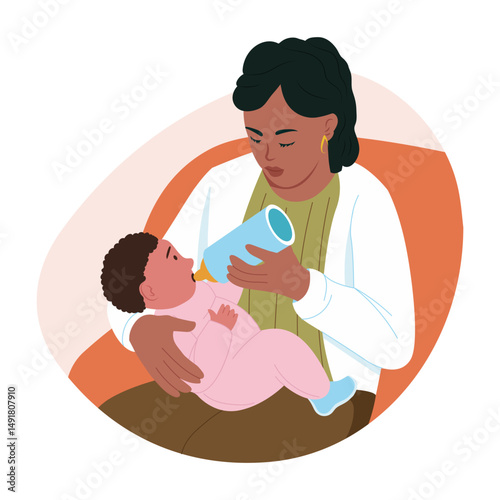 A flat style illustration showing newborn drinking milk