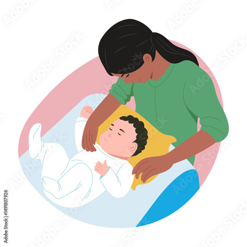 A flat style illustration showing newborn sleeping