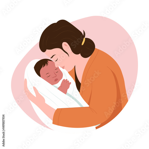 Flat style illustration showing a mother kissing newborn baby