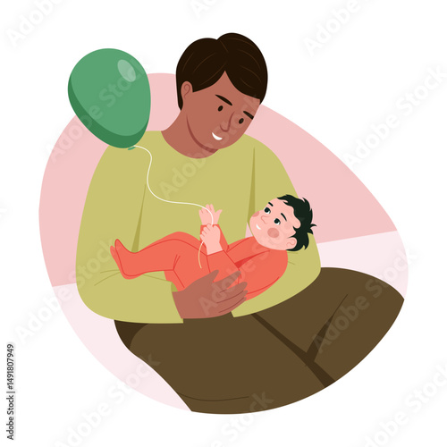A flat style illustration showing an infant playing baby with his father